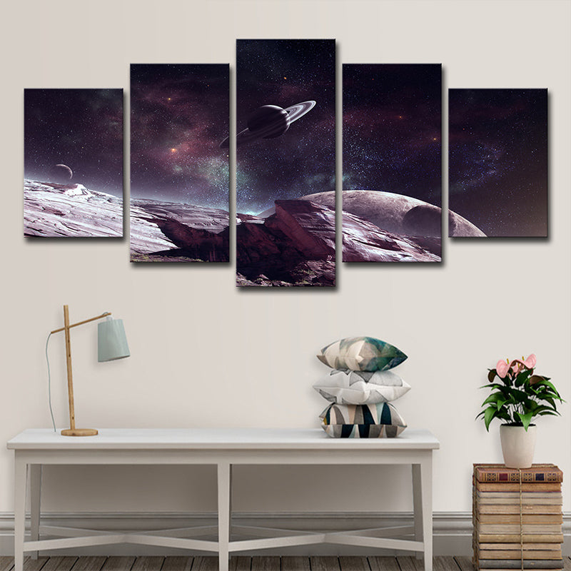 Sci-Fi Planet Surface Scene Canvas Print Grape-Purple Starry Universe Wall Art Print Clearhalo 'Art Gallery' 'Canvas Art' 'Kids' Arts' 1709209