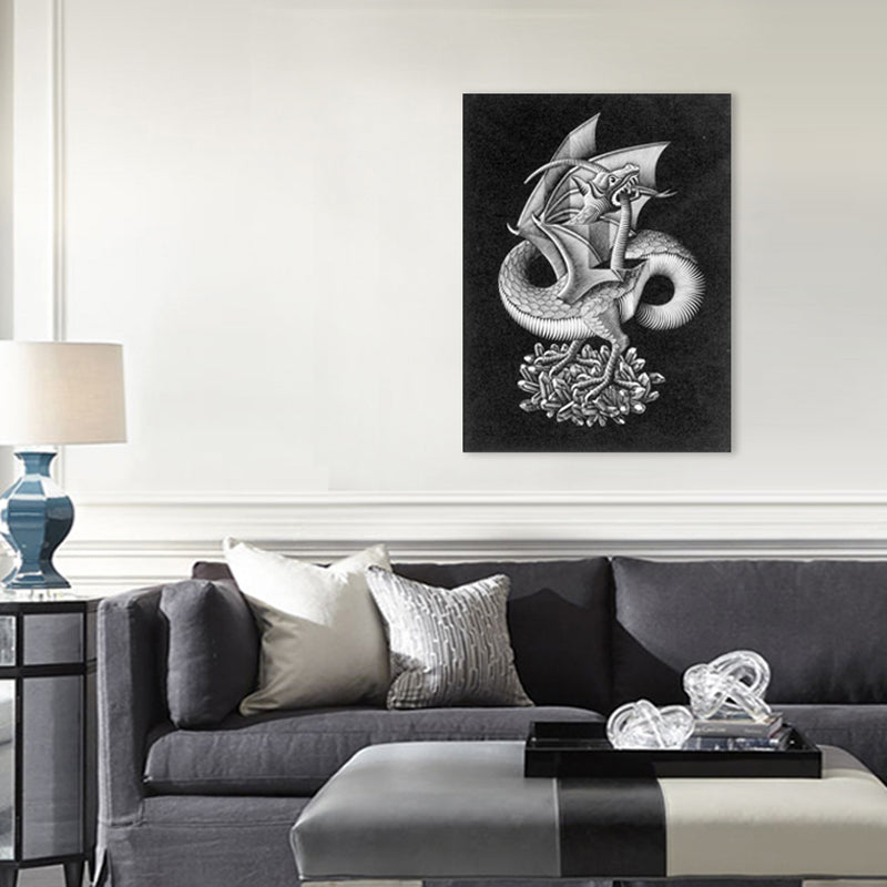 Illusion Pencil Dragon Canvas Art Modern Textured Boys Room Wall Decor in Grey on Black Grey Clearhalo 'Art Gallery' 'Canvas Art' 'Contemporary Art Gallery' 'Modern' Arts' 1709336