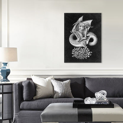 Illusion Pencil Dragon Canvas Art Modern Textured Boys Room Wall Decor in Grey on Black Grey Clearhalo 'Art Gallery' 'Canvas Art' 'Contemporary Art Gallery' 'Modern' Arts' 1709336