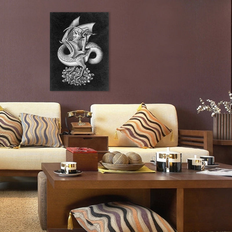 Illusion Pencil Dragon Canvas Art Modern Textured Boys Room Wall Decor in Grey on Black Clearhalo 'Art Gallery' 'Canvas Art' 'Contemporary Art Gallery' 'Modern' Arts' 1709337