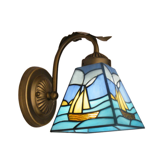 1 Light Sailboat Wall Sconce Light Nautical Stained Glass Wall Mount Light in Brass Clearhalo 'Cast Iron' 'Glass' 'Industrial' 'Middle century wall lights' 'Modern' 'Tiffany wall lights' 'Tiffany' 'Traditional wall lights' 'Wall Lamps & Sconces' 'Wall Lights' Lighting' 170933