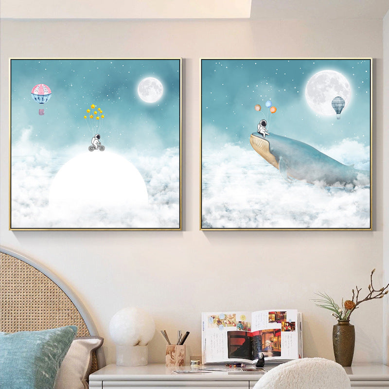 Kids Balloon Trip Drawing Canvas Print Blue Moon Night Sky Wall Art Decor for Room Clearhalo 'Art Gallery' 'Canvas Art' 'Kids' Arts' 1709376