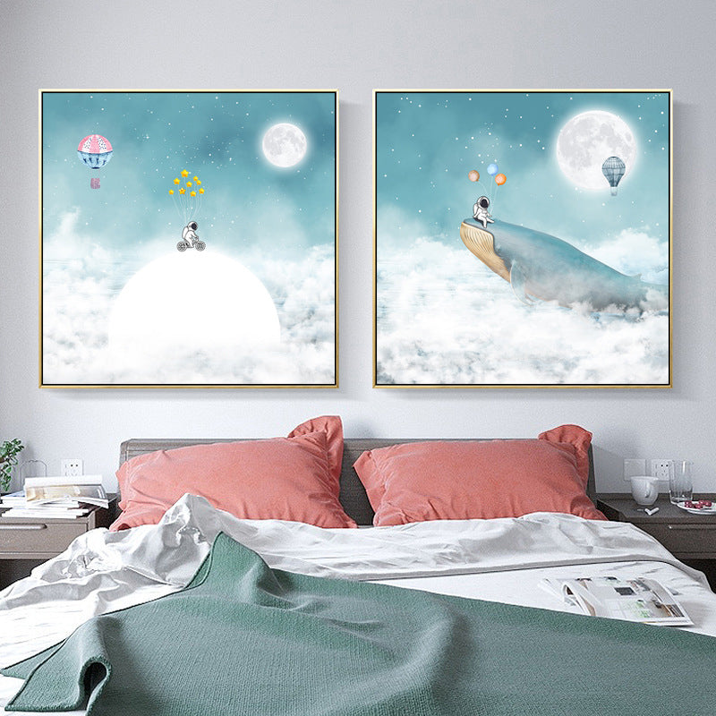 Kids Balloon Trip Drawing Canvas Print Blue Moon Night Sky Wall Art Decor for Room Clearhalo 'Art Gallery' 'Canvas Art' 'Kids' Arts' 1709377