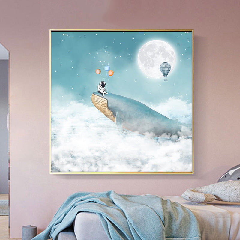 Kids Balloon Trip Drawing Canvas Print Blue Moon Night Sky Wall Art Decor for Room Blue Design 1 Clearhalo 'Art Gallery' 'Canvas Art' 'Kids' Arts' 1709378