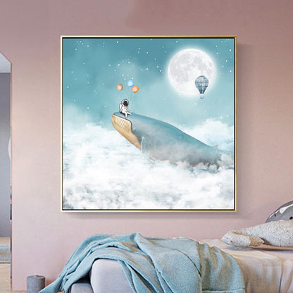 Kids Balloon Trip Drawing Canvas Print Blue Moon Night Sky Wall Art Decor for Room Blue Design 1 Clearhalo 'Art Gallery' 'Canvas Art' 'Kids' Arts' 1709378