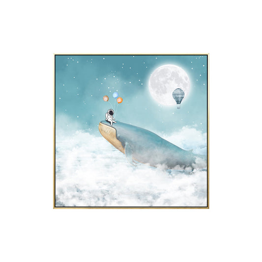 Kids Balloon Trip Drawing Canvas Print Blue Moon Night Sky Wall Art Decor for Room Clearhalo 'Art Gallery' 'Canvas Art' 'Kids' Arts' 1709379