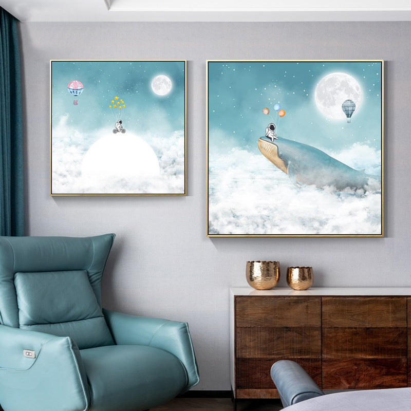 Kids Balloon Trip Drawing Canvas Print Blue Moon Night Sky Wall Art Decor for Room Clearhalo 'Art Gallery' 'Canvas Art' 'Kids' Arts' 1709383