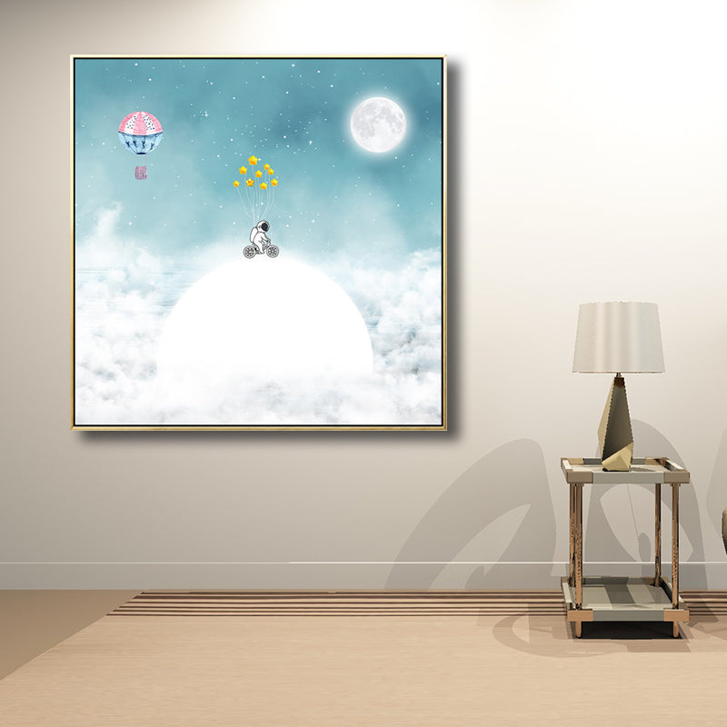 Kids Balloon Trip Drawing Canvas Print Blue Moon Night Sky Wall Art Decor for Room Blue Design 2 Clearhalo 'Art Gallery' 'Canvas Art' 'Kids' Arts' 1709384