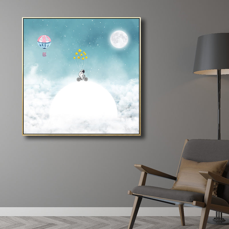 Kids Balloon Trip Drawing Canvas Print Blue Moon Night Sky Wall Art Decor for Room Clearhalo 'Art Gallery' 'Canvas Art' 'Kids' Arts' 1709385