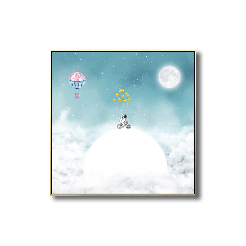 Kids Balloon Trip Drawing Canvas Print Blue Moon Night Sky Wall Art Decor for Room Clearhalo 'Art Gallery' 'Canvas Art' 'Kids' Arts' 1709386