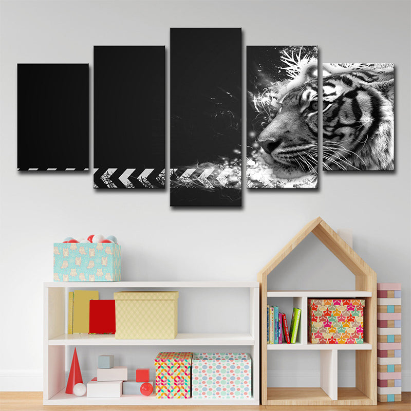 White Tiger Wall Art Multi-Piece Contemporary Sitting Room Canvas in Black Black Clearhalo 'Art Gallery' 'Canvas Art' 'Contemporary Art Gallery' 'Modern' Arts' 1709387