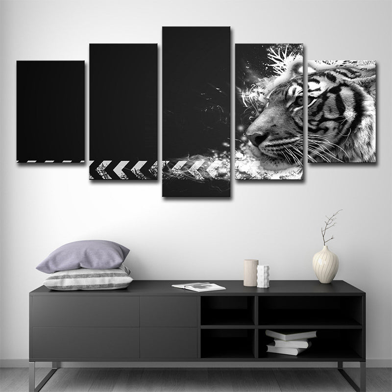White Tiger Wall Art Multi-Piece Contemporary Sitting Room Canvas in Black Clearhalo 'Art Gallery' 'Canvas Art' 'Contemporary Art Gallery' 'Modern' Arts' 1709388