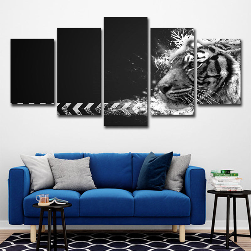 White Tiger Wall Art Multi-Piece Contemporary Sitting Room Canvas in Black Clearhalo 'Art Gallery' 'Canvas Art' 'Contemporary Art Gallery' 'Modern' Arts' 1709389