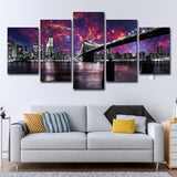 Purple Night Cityscape Canvas Art Brooklyn Bridge Modernist Multi-Piece Wall Decor Purple