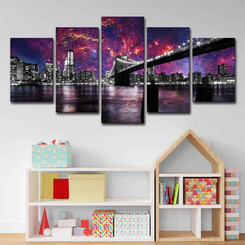 Purple Night Cityscape Canvas Art Brooklyn Bridge Modernist Multi-Piece Wall Decor Clearhalo 'Art Gallery' 'Canvas Art' 'Contemporary Art Gallery' 'Modern' Arts' 1709432