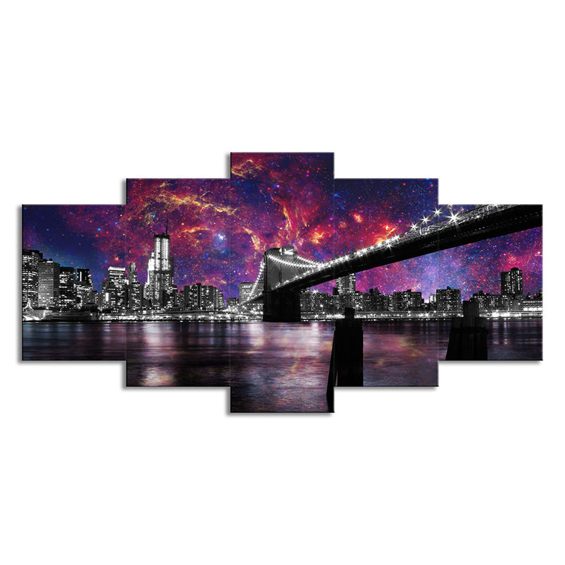 Purple Night Cityscape Canvas Art Brooklyn Bridge Modernist Multi-Piece Wall Decor Clearhalo 'Art Gallery' 'Canvas Art' 'Contemporary Art Gallery' 'Modern' Arts' 1709434