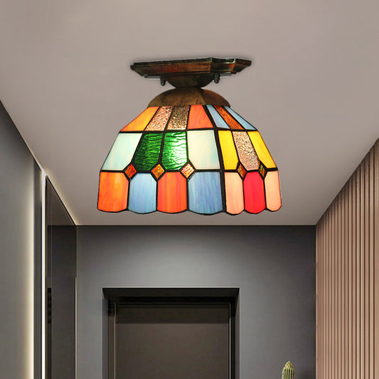 1 Bulb Corridor Flush Mount Lighting Tiffany Brass Ceiling Light Fixture with Grid Dome Cut Glass Shade Clearhalo 'Ceiling Lights' 'Close To Ceiling Lights' 'Close to ceiling' 'Flush mount' Lighting' 1709519
