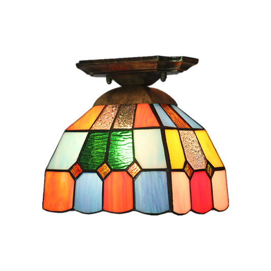 1 Bulb Corridor Flush Mount Lighting Tiffany Brass Ceiling Light Fixture with Grid Dome Cut Glass Shade Clearhalo 'Ceiling Lights' 'Close To Ceiling Lights' 'Close to ceiling' 'Flush mount' Lighting' 1709520