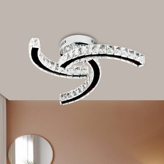 Modernist Curved Linear Ceiling Lamp Crystal Block LED Parlor Semi Flush Lamp in Stainless-Steel, Warm/White Light Stainless-Steel Clearhalo 'Ceiling Lights' 'Close To Ceiling Lights' 'Close to ceiling' 'Flush mount' Lighting' 1709522