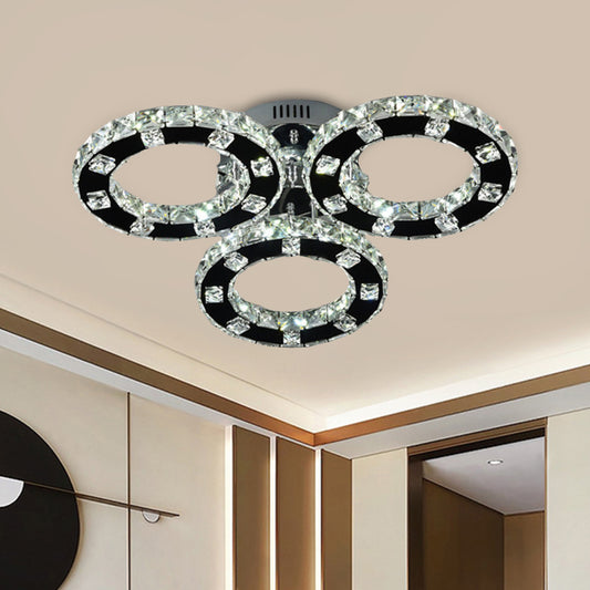 Simple LED Ceiling Light Fixture Stainless-Steel 3-Ring Semi Mount Lighting with Cur Crystal Shade Stainless-Steel Clearhalo 'Ceiling Lights' 'Close To Ceiling Lights' 'Close to ceiling' 'Flush mount' Lighting' 1709530