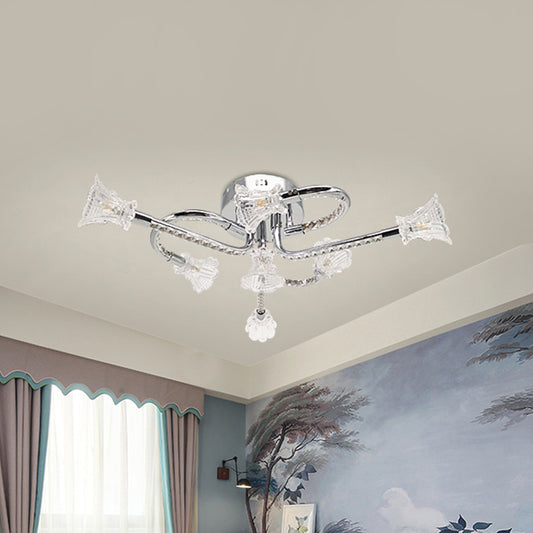 Stainless-Steel LED Floral Semi Flush Contemporary Carved Crystal Ceiling Mounted Fixture in Warm/White Light Stainless-Steel Clearhalo 'Ceiling Lights' 'Close To Ceiling Lights' 'Close to ceiling' Lighting' 1709534