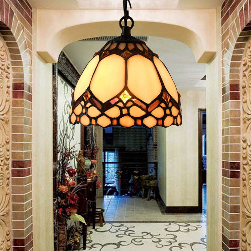 1 Bulb Dome Down Lighting Pendant Tiffany-Style Beige Stained Glass Suspension Lamp for Entry Beige Clearhalo 'Ceiling Lights' 'Close To Ceiling Lights' 'Industrial' 'Middle Century Pendants' 'Pendant Lights' 'Pendants' 'Tiffany close to ceiling' 'Tiffany Pendants' 'Tiffany' Lighting' 170960