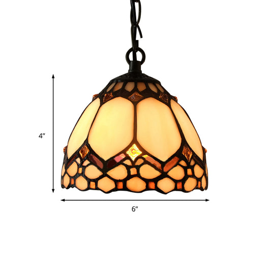 1 Bulb Dome Down Lighting Pendant Tiffany-Style Beige Stained Glass Suspension Lamp for Entry Clearhalo 'Ceiling Lights' 'Close To Ceiling Lights' 'Industrial' 'Middle Century Pendants' 'Pendant Lights' 'Pendants' 'Tiffany close to ceiling' 'Tiffany Pendants' 'Tiffany' Lighting' 170964