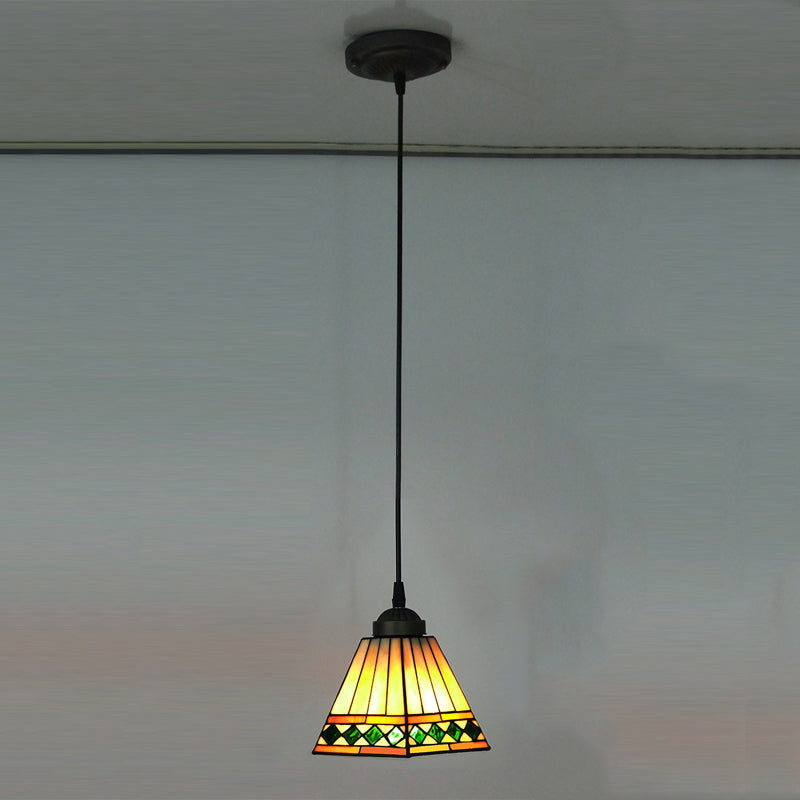 Green/Red Pyramid Pendant Ceiling Light Tiffany 1 Head Multicolored Stained Glass Hanging Lamp Clearhalo 'Ceiling Lights' 'Chandeliers' 'Industrial' 'Middle Century Pendants' 'Pendant Lights' 'Pendants' 'Tiffany close to ceiling' 'Tiffany Pendants' 'Tiffany' Lighting' 170984