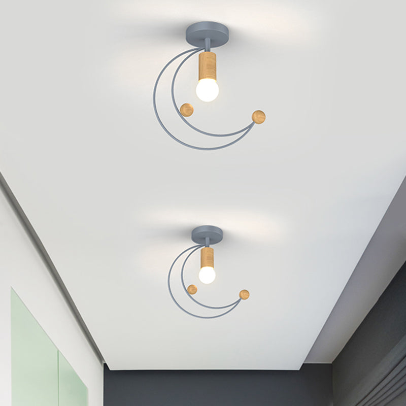 Metallic Crescent Ceiling Light Modernism 1 Bulb Semi Flush Mount Lighting with Wooden Ball Deco in Black/White/Grey Grey Clearhalo 'Ceiling Lights' 'Close To Ceiling Lights' 'Close to ceiling' 'Semi-flushmount' Lighting' 1709872
