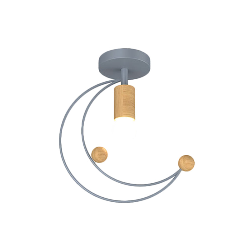 Metallic Crescent Ceiling Light Modernism 1 Bulb Semi Flush Mount Lighting with Wooden Ball Deco in Black/White/Grey Clearhalo 'Ceiling Lights' 'Close To Ceiling Lights' 'Close to ceiling' 'Semi-flushmount' Lighting' 1709873
