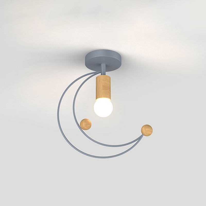 Metallic Crescent Ceiling Light Modernism 1 Bulb Semi Flush Mount Lighting with Wooden Ball Deco in Black/White/Grey Clearhalo 'Ceiling Lights' 'Close To Ceiling Lights' 'Close to ceiling' 'Semi-flushmount' Lighting' 1709874