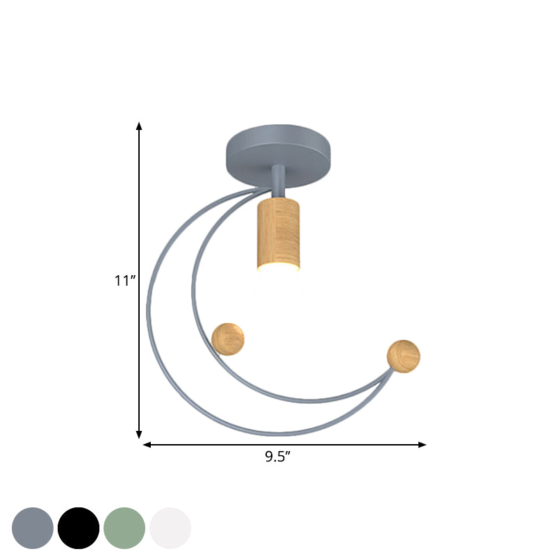 Metallic Crescent Ceiling Light Modernism 1 Bulb Semi Flush Mount Lighting with Wooden Ball Deco in Black/White/Grey Clearhalo 'Ceiling Lights' 'Close To Ceiling Lights' 'Close to ceiling' 'Semi-flushmount' Lighting' 1709875