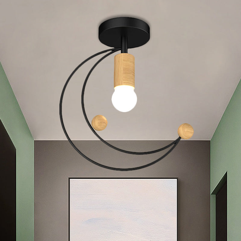 Metallic Crescent Ceiling Light Modernism 1 Bulb Semi Flush Mount Lighting with Wooden Ball Deco in Black/White/Grey Clearhalo 'Ceiling Lights' 'Close To Ceiling Lights' 'Close to ceiling' 'Semi-flushmount' Lighting' 1709877