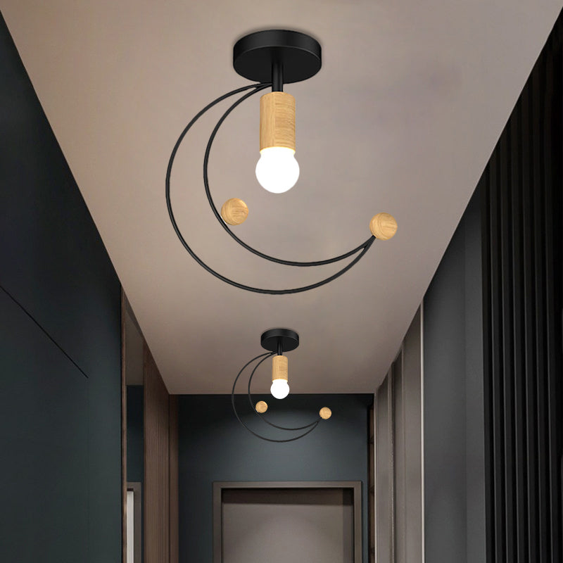 Metallic Crescent Ceiling Light Modernism 1 Bulb Semi Flush Mount Lighting with Wooden Ball Deco in Black/White/Grey Clearhalo 'Ceiling Lights' 'Close To Ceiling Lights' 'Close to ceiling' 'Semi-flushmount' Lighting' 1709878