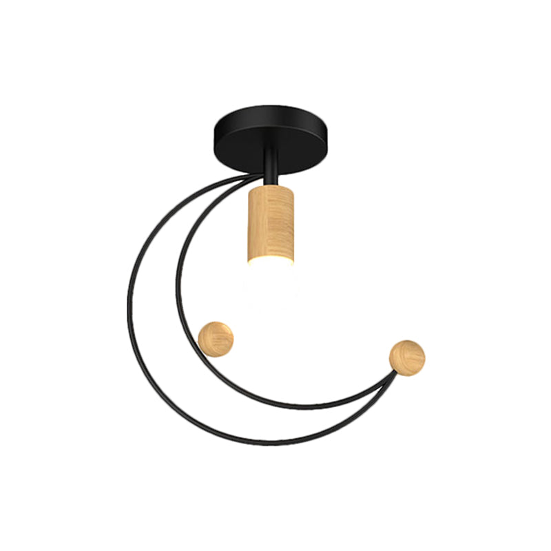 Metallic Crescent Ceiling Light Modernism 1 Bulb Semi Flush Mount Lighting with Wooden Ball Deco in Black/White/Grey Clearhalo 'Ceiling Lights' 'Close To Ceiling Lights' 'Close to ceiling' 'Semi-flushmount' Lighting' 1709879