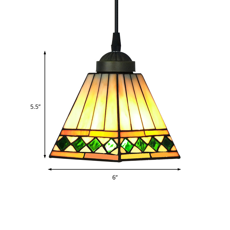 Green/Red Pyramid Pendant Ceiling Light Tiffany 1 Head Multicolored Stained Glass Hanging Lamp Clearhalo 'Ceiling Lights' 'Chandeliers' 'Industrial' 'Middle Century Pendants' 'Pendant Lights' 'Pendants' 'Tiffany close to ceiling' 'Tiffany Pendants' 'Tiffany' Lighting' 170988
