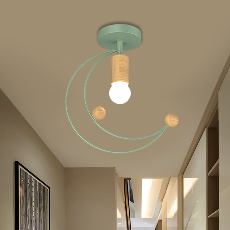 Metallic Crescent Ceiling Light Modernism 1 Bulb Semi Flush Mount Lighting with Wooden Ball Deco in Black/White/Grey Green Clearhalo 'Ceiling Lights' 'Close To Ceiling Lights' 'Close to ceiling' 'Semi-flushmount' Lighting' 1709880
