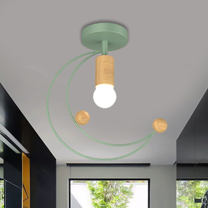 Metallic Crescent Ceiling Light Modernism 1 Bulb Semi Flush Mount Lighting with Wooden Ball Deco in Black/White/Grey Clearhalo 'Ceiling Lights' 'Close To Ceiling Lights' 'Close to ceiling' 'Semi-flushmount' Lighting' 1709881