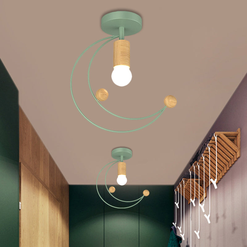 Metallic Crescent Ceiling Light Modernism 1 Bulb Semi Flush Mount Lighting with Wooden Ball Deco in Black/White/Grey Clearhalo 'Ceiling Lights' 'Close To Ceiling Lights' 'Close to ceiling' 'Semi-flushmount' Lighting' 1709882