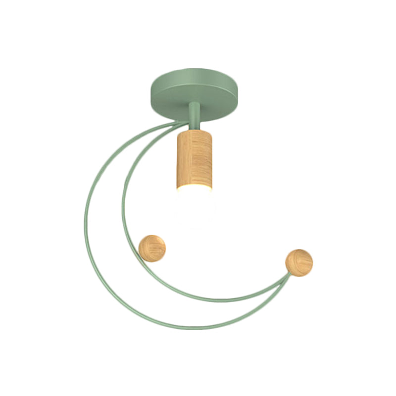 Metallic Crescent Ceiling Light Modernism 1 Bulb Semi Flush Mount Lighting with Wooden Ball Deco in Black/White/Grey Clearhalo 'Ceiling Lights' 'Close To Ceiling Lights' 'Close to ceiling' 'Semi-flushmount' Lighting' 1709883