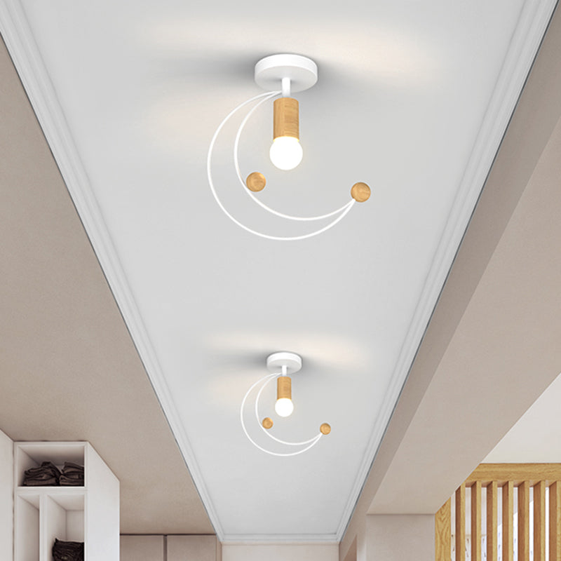Metallic Crescent Ceiling Light Modernism 1 Bulb Semi Flush Mount Lighting with Wooden Ball Deco in Black/White/Grey White Clearhalo 'Ceiling Lights' 'Close To Ceiling Lights' 'Close to ceiling' 'Semi-flushmount' Lighting' 1709884