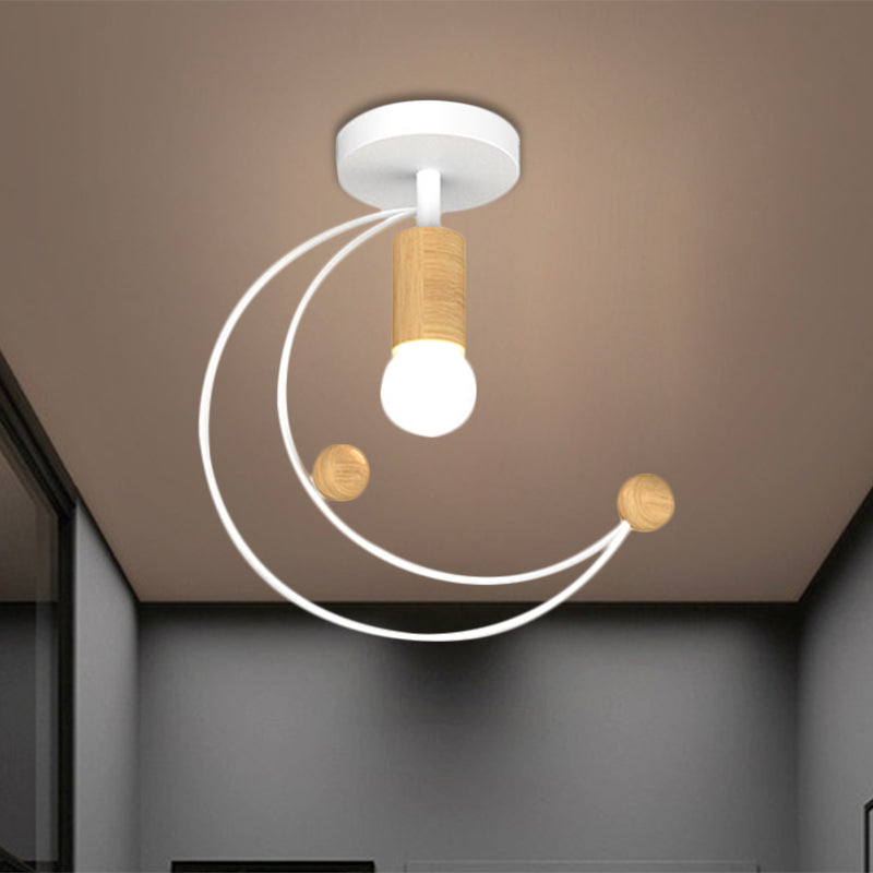 Metallic Crescent Ceiling Light Modernism 1 Bulb Semi Flush Mount Lighting with Wooden Ball Deco in Black/White/Grey Clearhalo 'Ceiling Lights' 'Close To Ceiling Lights' 'Close to ceiling' 'Semi-flushmount' Lighting' 1709885