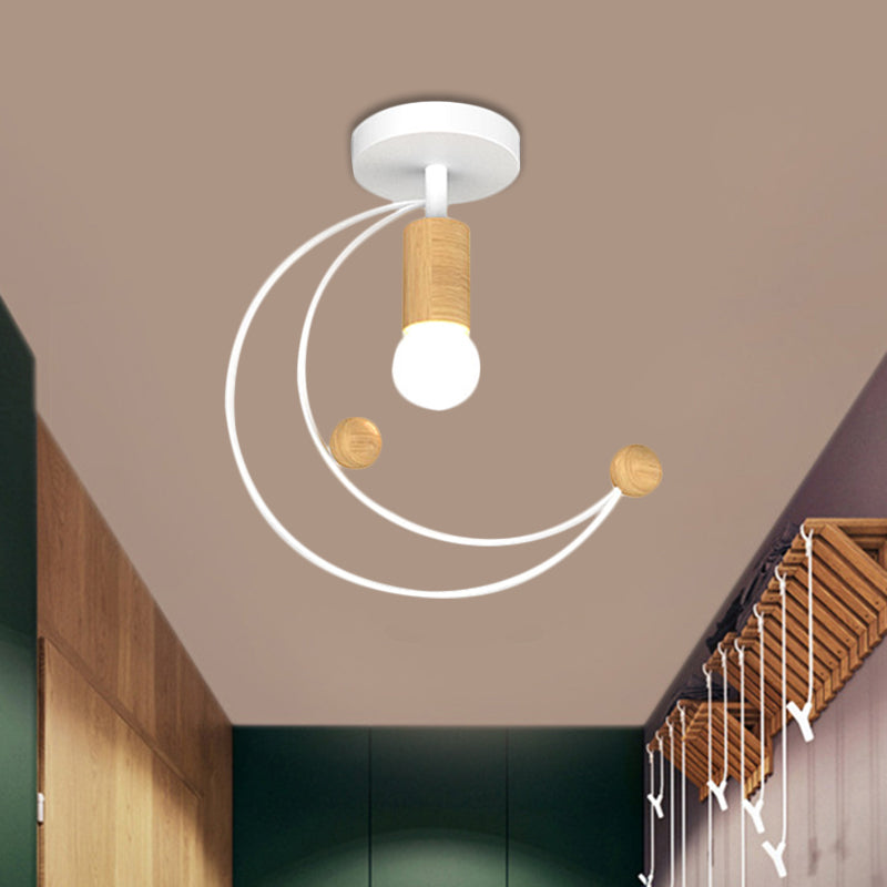 Metallic Crescent Ceiling Light Modernism 1 Bulb Semi Flush Mount Lighting with Wooden Ball Deco in Black/White/Grey Clearhalo 'Ceiling Lights' 'Close To Ceiling Lights' 'Close to ceiling' 'Semi-flushmount' Lighting' 1709886