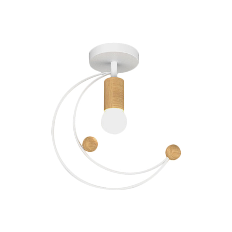 Metallic Crescent Ceiling Light Modernism 1 Bulb Semi Flush Mount Lighting with Wooden Ball Deco in Black/White/Grey Clearhalo 'Ceiling Lights' 'Close To Ceiling Lights' 'Close to ceiling' 'Semi-flushmount' Lighting' 1709887