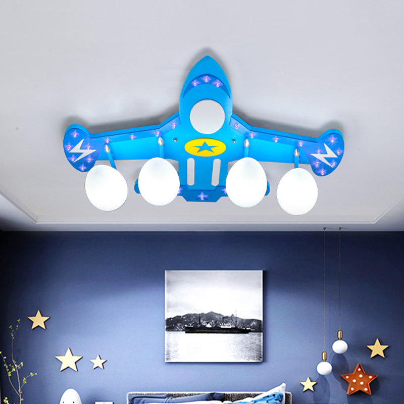 Opal Glass Egg-Like Semi Mount Lighting Cartoon 4 Heads Blue Ceiling Flush with Airplane Design Blue Clearhalo 'Ceiling Lights' 'Close To Ceiling Lights' 'Close to ceiling' 'Semi-flushmount' Lighting' 1709888