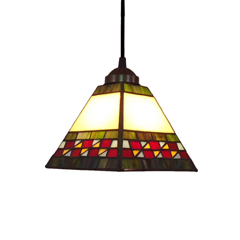 Green/Red Pyramid Pendant Ceiling Light Tiffany 1 Head Multicolored Stained Glass Hanging Lamp Red Clearhalo 'Ceiling Lights' 'Chandeliers' 'Industrial' 'Middle Century Pendants' 'Pendant Lights' 'Pendants' 'Tiffany close to ceiling' 'Tiffany Pendants' 'Tiffany' Lighting' 170990