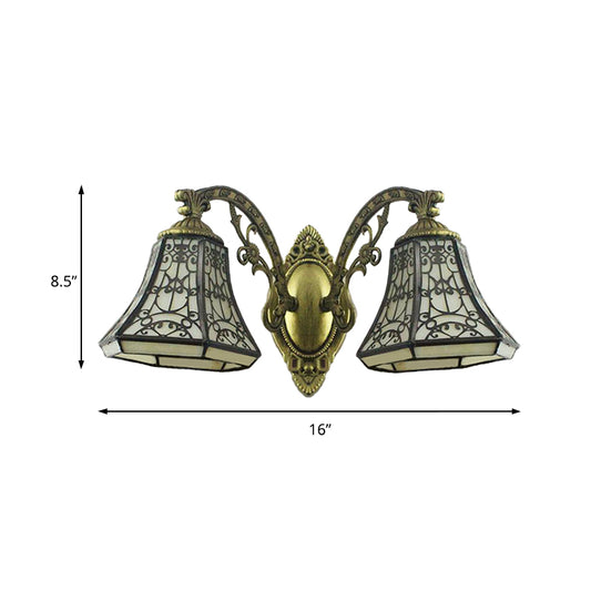 Beige Glass Bell Wall Lighting with Fence Design 2 Heads Rustic Lodge Sconce Light Clearhalo 'Industrial' 'Middle century wall lights' 'Tiffany wall lights' 'Tiffany' 'Wall Lamps & Sconces' 'Wall Lights' Lighting' 170994