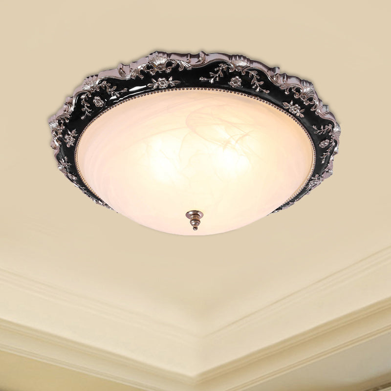 3-Light Frosted Glass Ceiling Flush Rural Black Domed Corridor Flush Mount Lamp with Leave/Flower Deco, 14"/19.5" W Clearhalo 'Ceiling Lights' 'Close To Ceiling Lights' 'Close to ceiling' 'Flush mount' Lighting' 1710302