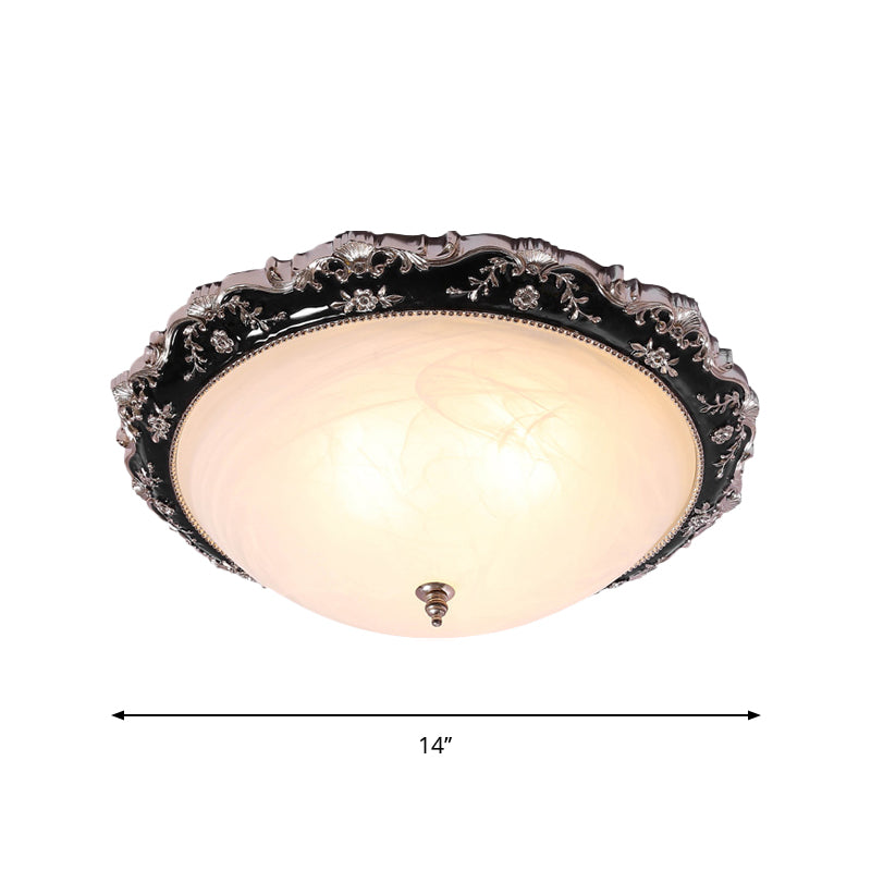 3-Light Frosted Glass Ceiling Flush Rural Black Domed Corridor Flush Mount Lamp with Leave/Flower Deco, 14"/19.5" W Clearhalo 'Ceiling Lights' 'Close To Ceiling Lights' 'Close to ceiling' 'Flush mount' Lighting' 1710304