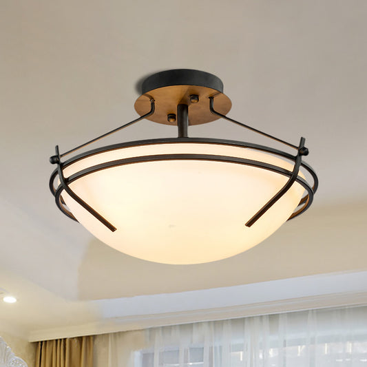 Bowl Bedroom Semi Flush Mount Traditional Opaque Glass 3 Heads Black Ceiling Light Fixture Clearhalo 'Ceiling Lights' 'Close To Ceiling Lights' 'Close to ceiling' 'Glass shade' 'Glass' 'Semi-flushmount' Lighting' 1710307